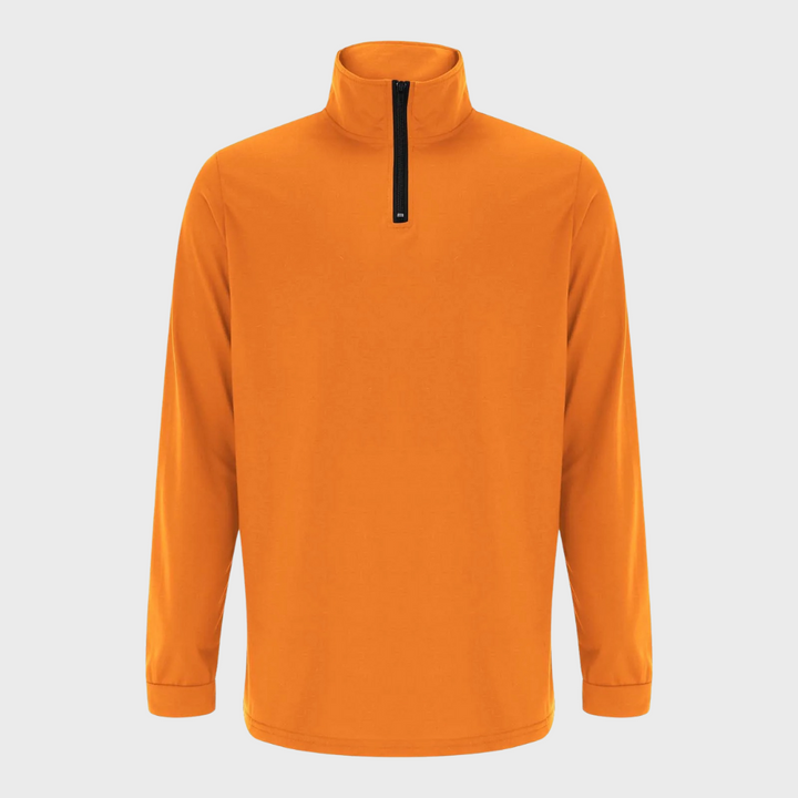 Orangefarbener Pullover mit Reißverschluss, Langarm, Unisex, atmungsaktiv, Freizeitmode.