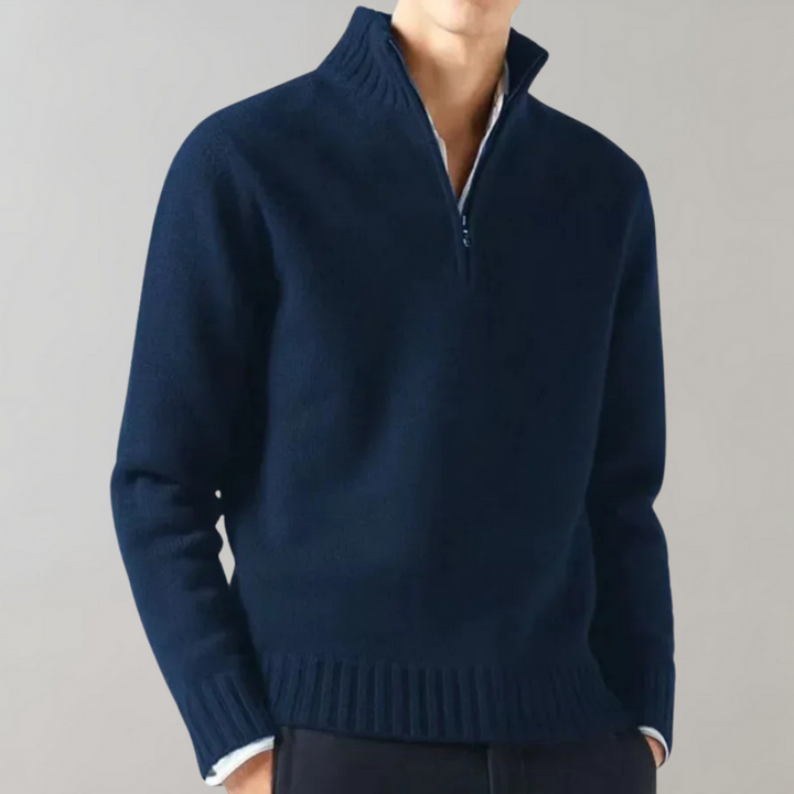 Dunkelblauer Herrenpullover mit Reißverschluss, Strick, modisch, warm, elegant.