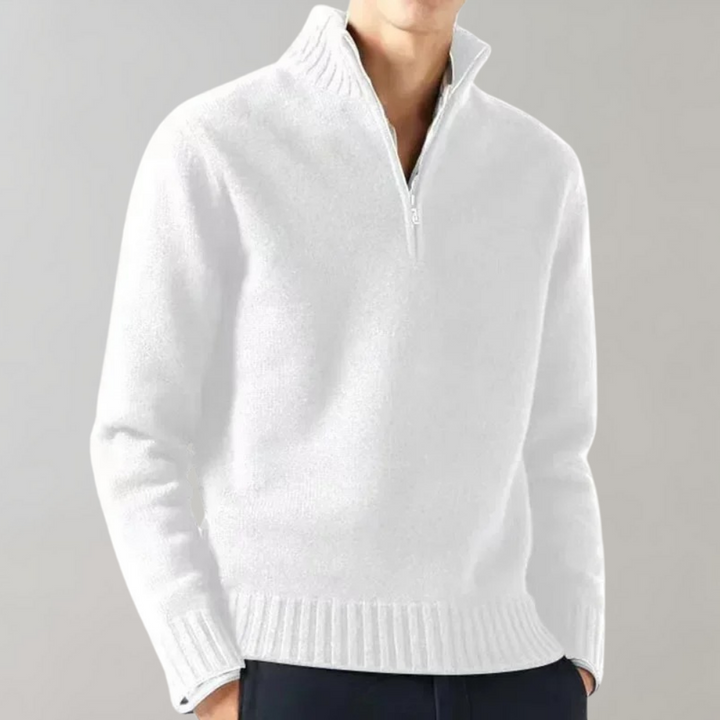 Weißer Herrenpullover mit Reißverschluss, Strick, modisch, warm, Wintermode, elegant.