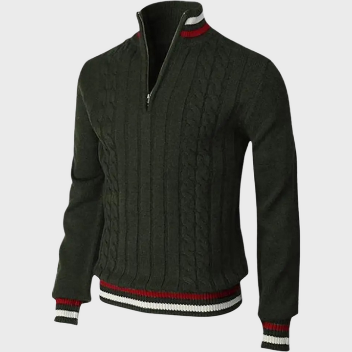 Grüner Herrenpullover mit Reißverschluss, Zopfmuster, rot-weißen Streifen, Wintermode.