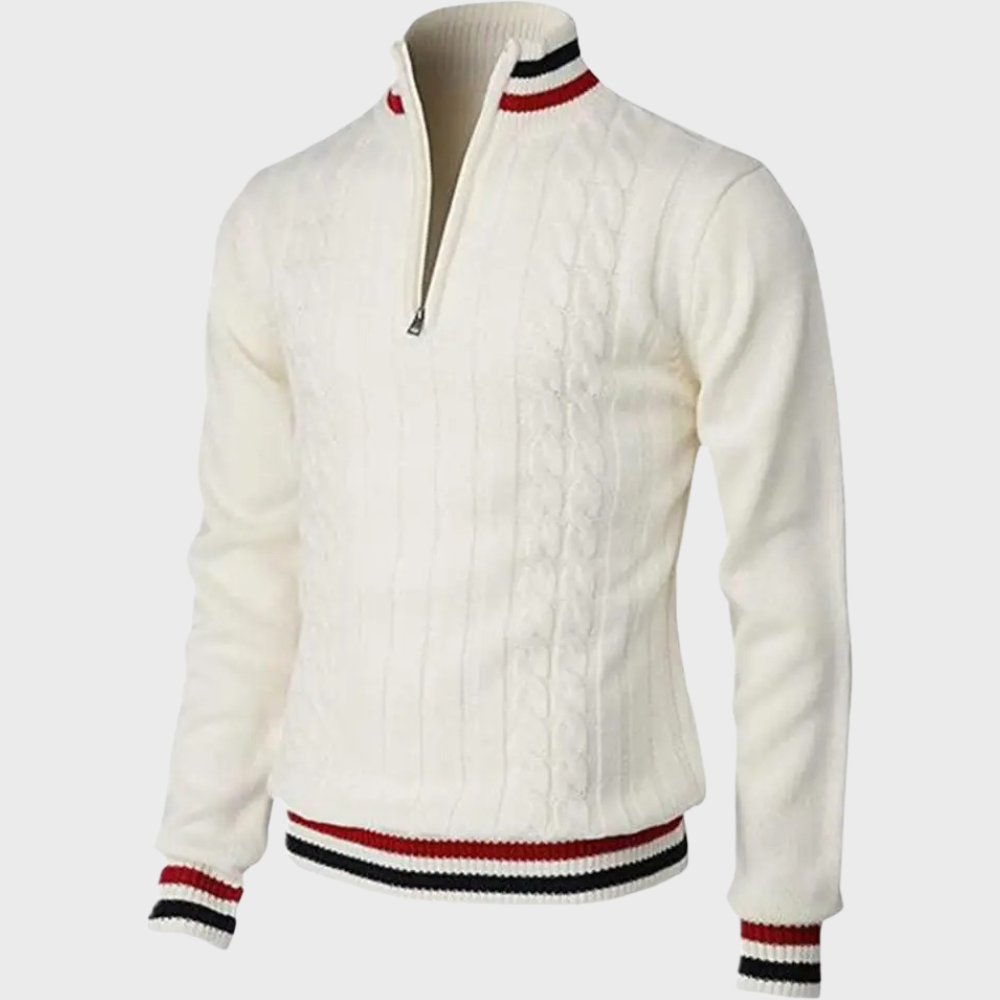 Weißer Herrenpullover mit Reißverschluss, Strickmuster, rot-schwarze Bündchen, Wintermode.