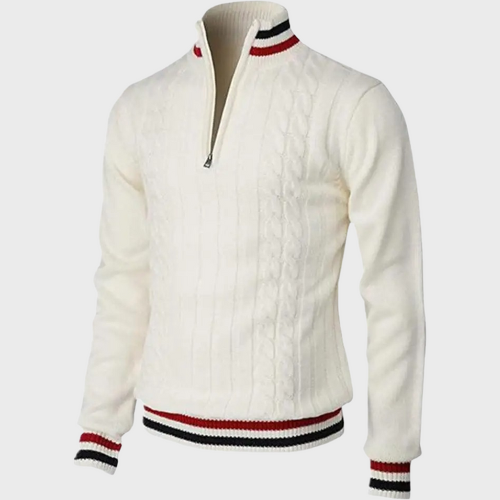 Weißer Herrenpullover mit Reißverschluss, Strickmuster, rot-schwarze Bündchen, Wintermode.