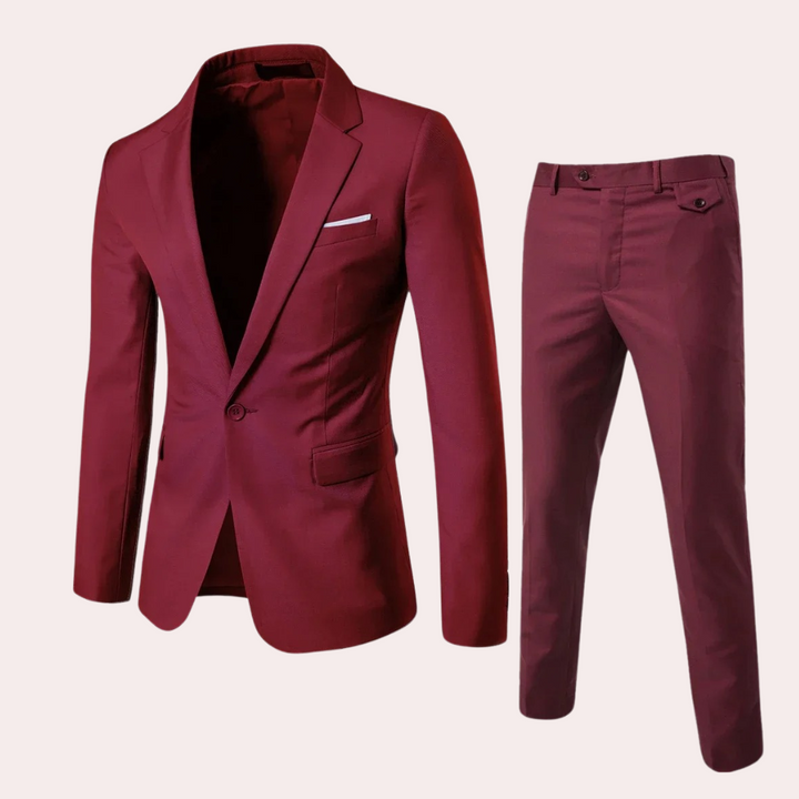 Roter Herrenanzug, zweiteilig, Slim Fit, aus Baumwolle, ideal für formelle Anlässe.