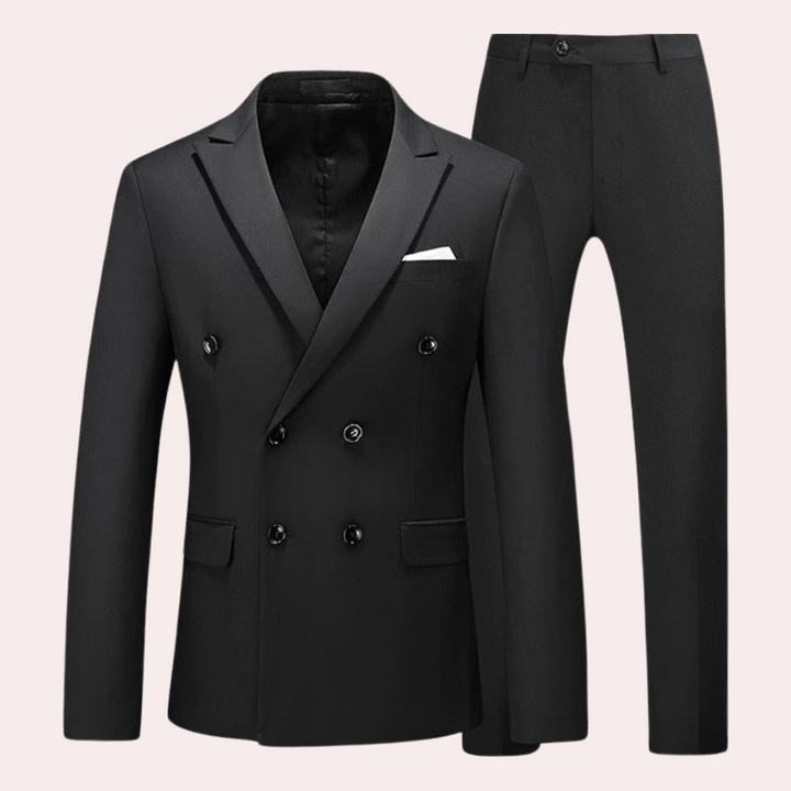 Schwarzer Herrenanzug, doppelreihig, mit Einstecktuch, elegantes Design, Businessmode.
