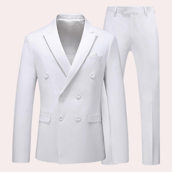 Weißer Herrenanzug, Doppelreiher, elegantes Design, ideal für formelle Anlässe.