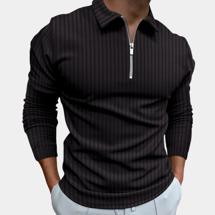 Schwarzer gestreifter Herrenpullover mit Reißverschluss, langärmelig, modisch, elegant.