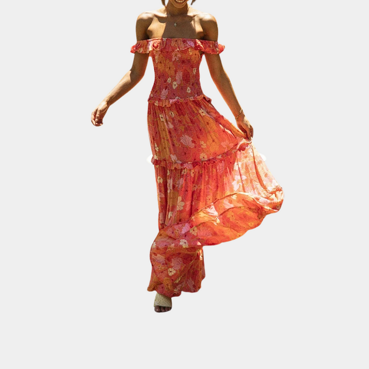 Orangefarbenes, schulterfreies Maxikleid mit Blumenmuster für Damenmode.