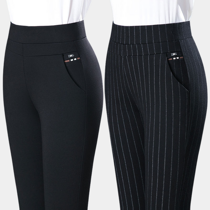 Zwei Damenhosen, schwarz und gestreift, elastisch, mit Taschen, modisch, bequem.