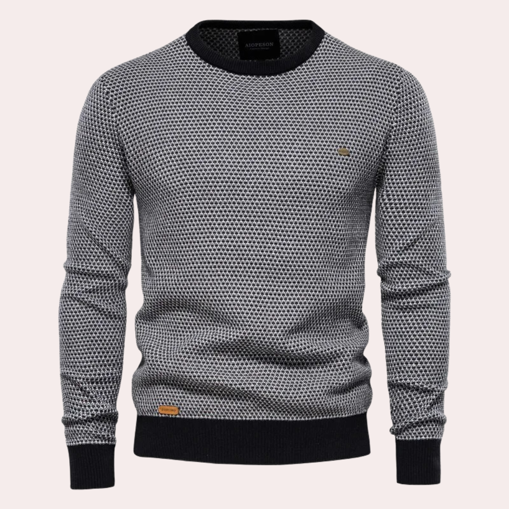 Schwarzer Herrenpullover, Strickmuster, Rundhalsausschnitt, Baumwolle, modisch, bequem.