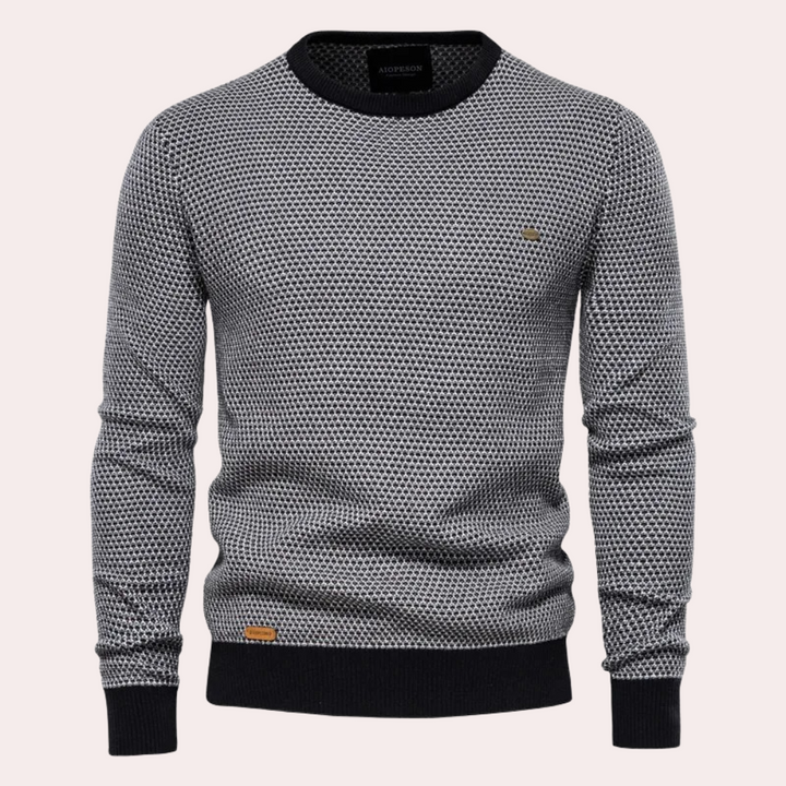 Schwarzer Herrenpullover, Strickmuster, Rundhalsausschnitt, Baumwolle, modisch, bequem.