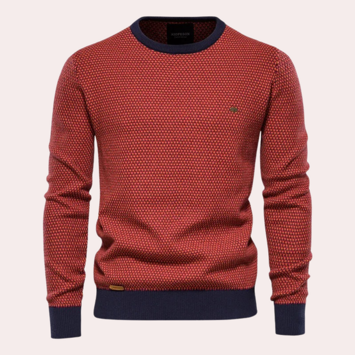 Orangefarbener Strickpullover für Herren, Rundhalsausschnitt, Baumwolle, modisch, bequem.