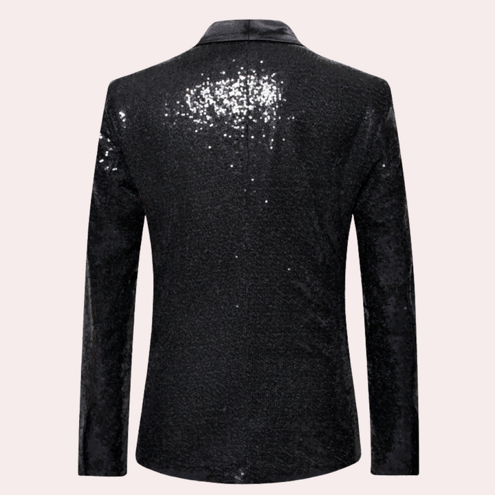 Schwarzes Pailletten-Sakko für Herren, festlich, elegant, glänzend, Rückansicht.