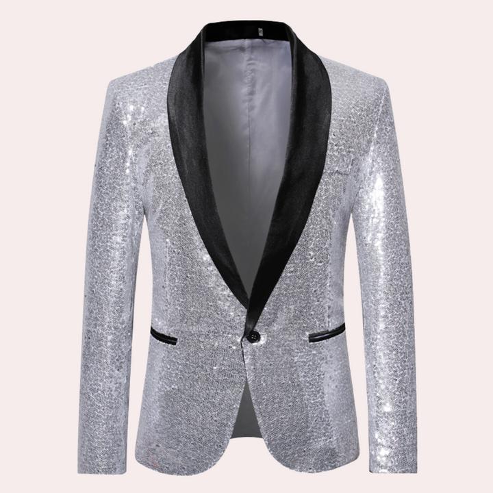 Silberner Pailletten-Blazer mit schwarzem Revers, festliche Herrenmode, eleganter Anzugjacke.