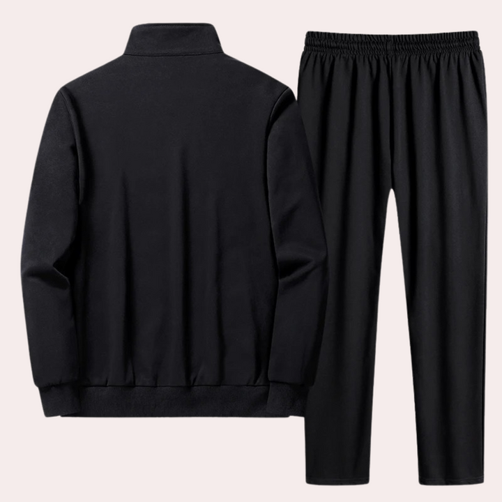Schwarzer Herren-Trainingsanzug, Jacke und Hose, Sportbekleidung, Freizeitmode.