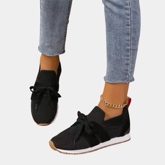 Schwarze Damen-Sneaker, Strickmaterial, mit Schleifen, lässig, modisch, bequeme Schuhe.