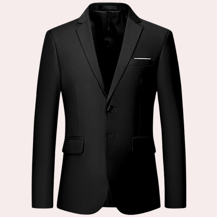 Schwarzer Herrenanzug, elegantes Sakko, klassischer Schnitt, formelle Kleidung, Herrenmode.