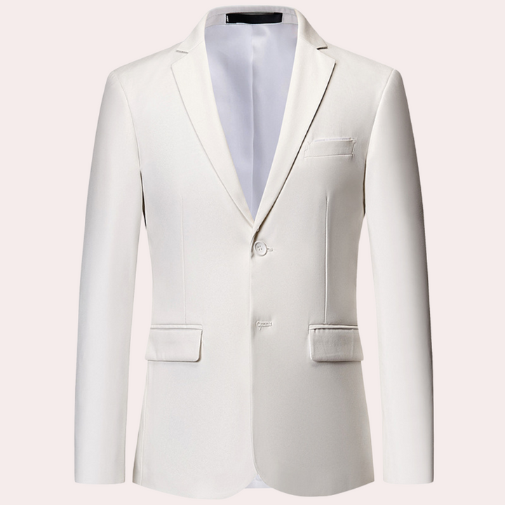 Weißer Herrenblazer, elegantes Design, einreihig, Anzugjacke, formelle Kleidung.