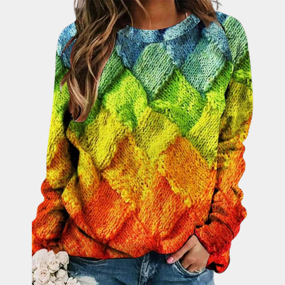 Farbiger Strickpullover Damen, Regenbogenmuster, langärmelig, lässig, modisch, Herbstmode.