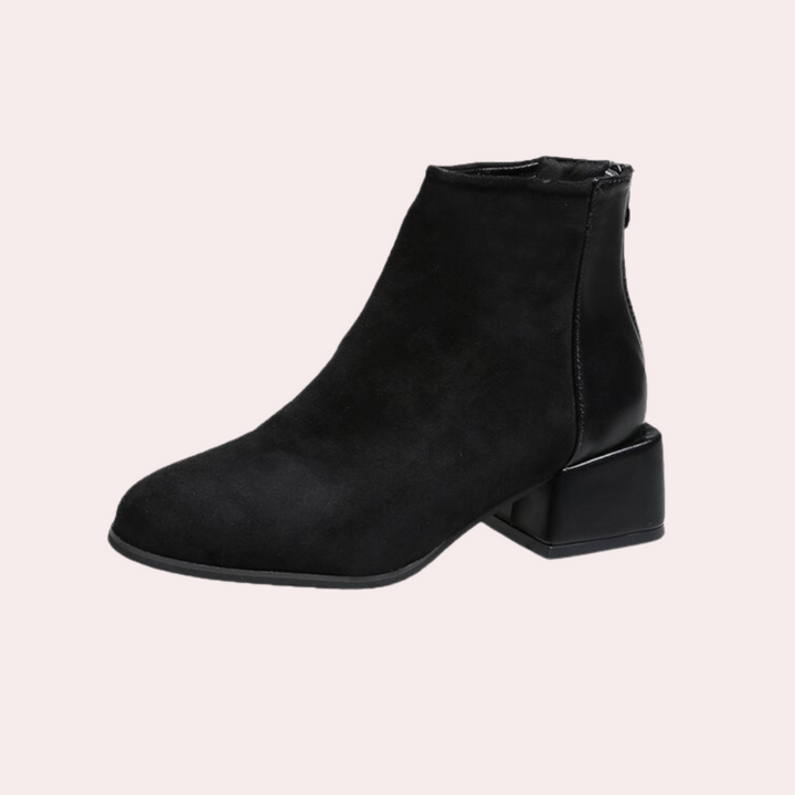 Schwarzer Damen-Stiefelette, Wildleder, Blockabsatz, modisch, elegant, Herbst-Winter-Schuh.