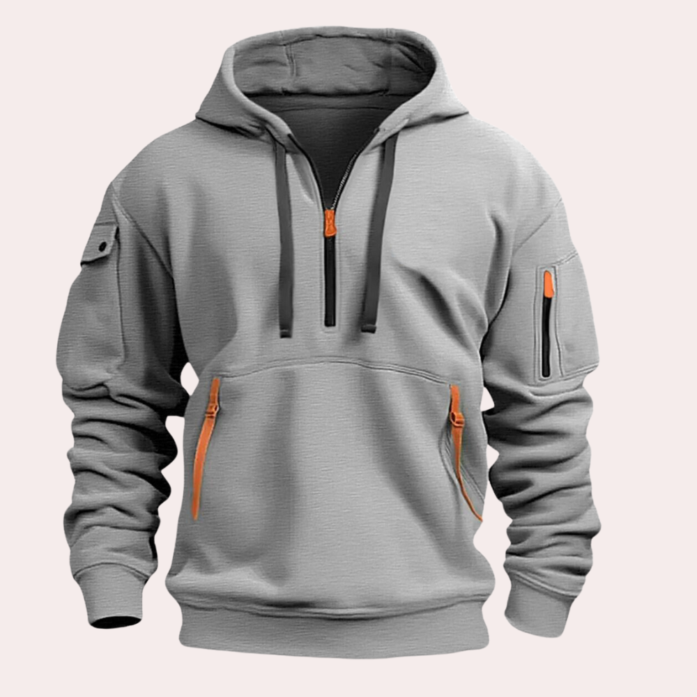 Grauer Hoodie mit Kapuze, Reißverschlüssen und Taschen, sportlich, bequem, Herrenmode.