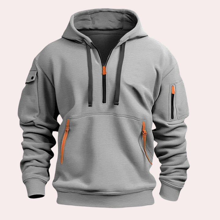 Grauer Hoodie mit Kapuze, Reißverschlüssen und Taschen, sportlich, bequem, Herrenmode.
