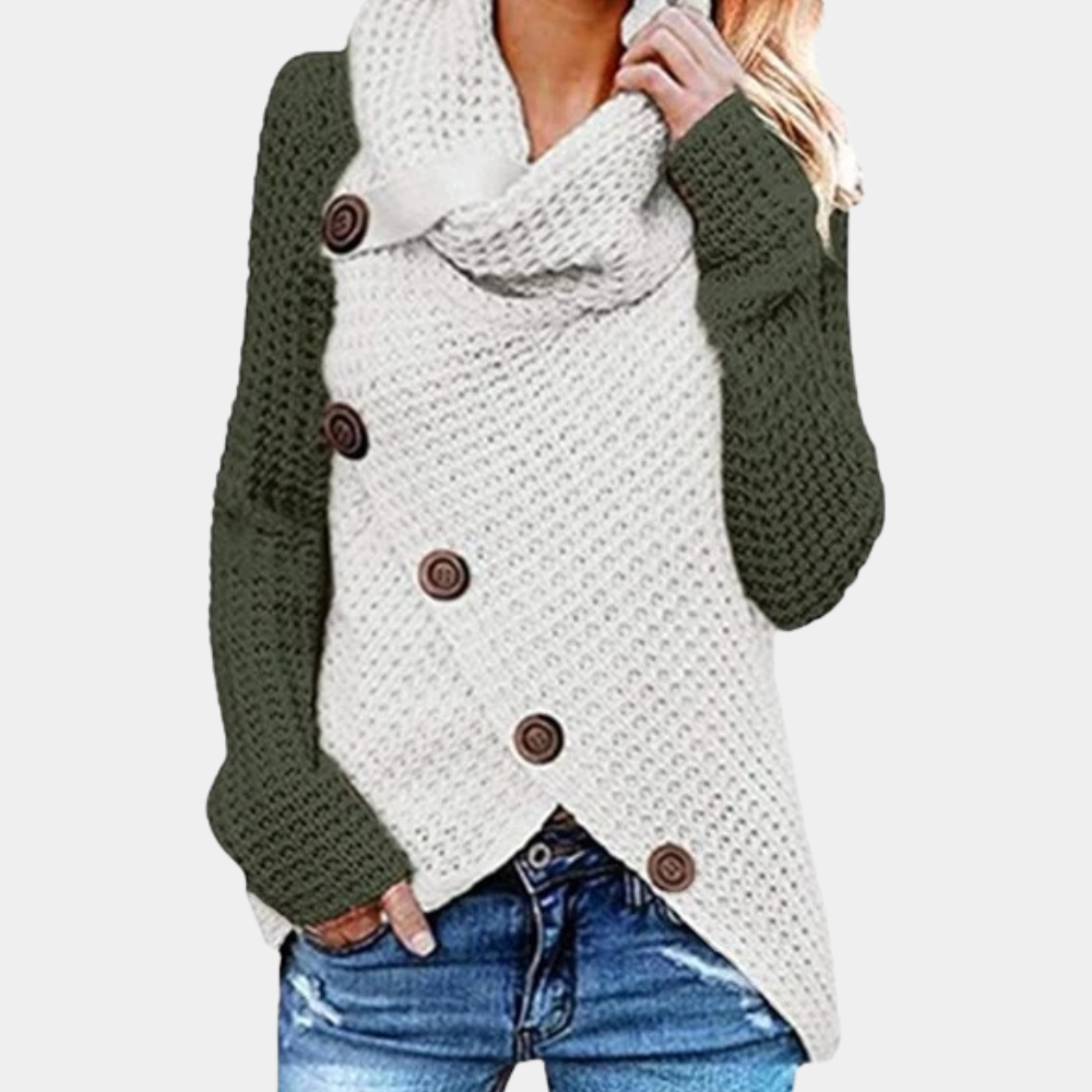 Damen Strickjacke Armeegrün, Knöpfe, Rollkragen, Wintermode, gemütlich, stilvoll