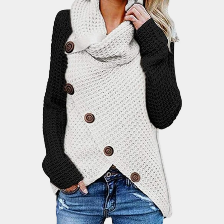 Damen-Strickpullover, schwarz-weiß, Knopfdetails, Rollkragen, lässig, modisch.