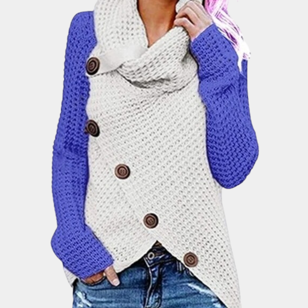Damen Strickjacke, blau-weiß, Knöpfe, Rollkragen, modisch, warm, Wintermode, Freizeitkleidung.