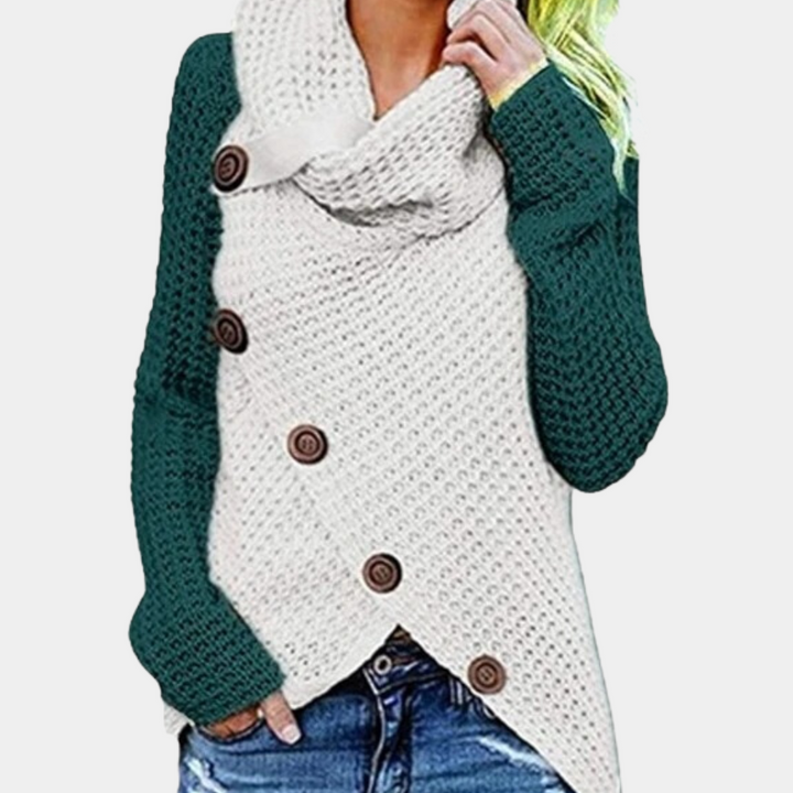 Grüner Strickpullover mit weißem Kragen, Knöpfen, Damenmode, Herbst/Winter-Outfit.