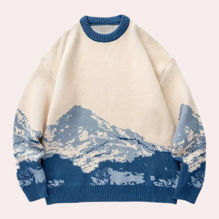 Beiger Pullover mit blauem Bergmuster, Rundhalsausschnitt, Strickmode, Unisex, Winterkleidung.
