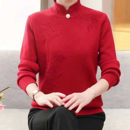 Dámská svetrová bunda s květinovým vzorem a vysokým límcem – Alfhild