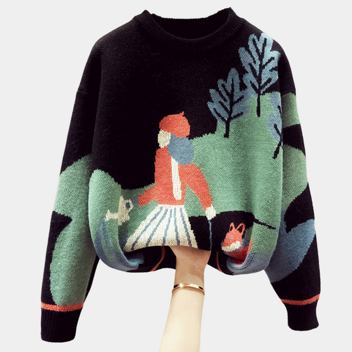 Schwarzer Pullover mit buntem Landschaftsmuster, Damenmode, Strick, Herbst/Winter, Baumwolle.