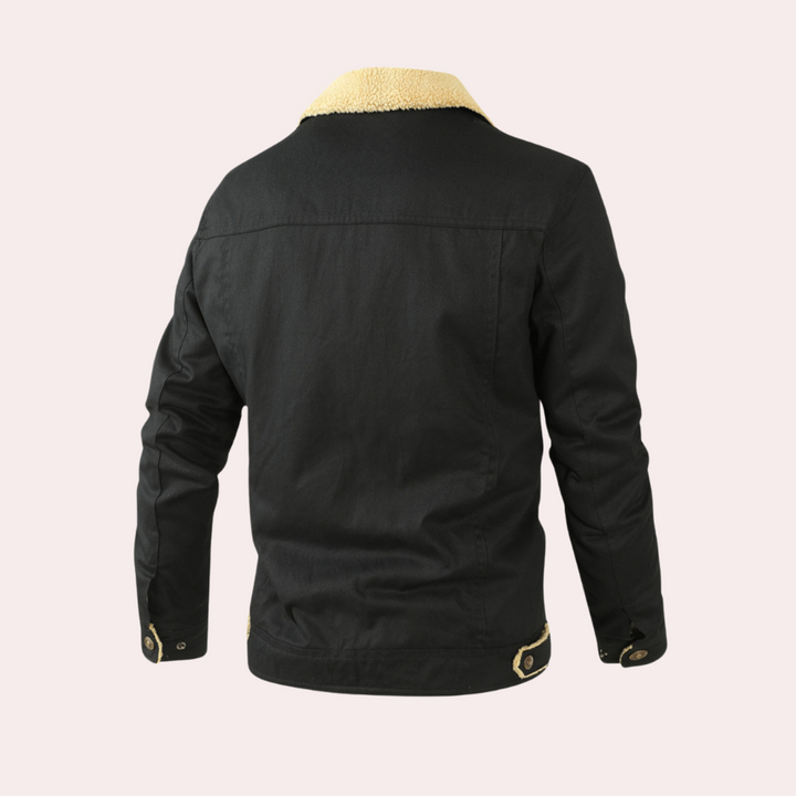 Schwarze Herrenjacke mit beigem Kragen, Wintermode, Baumwolle, Rückansicht.