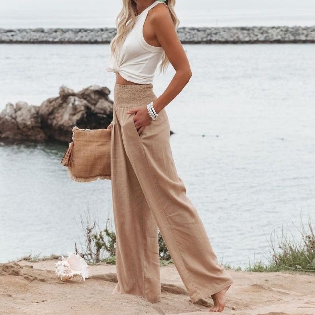 Vzdušné dámské lněné kalhoty s širokou nohavicí – Liv