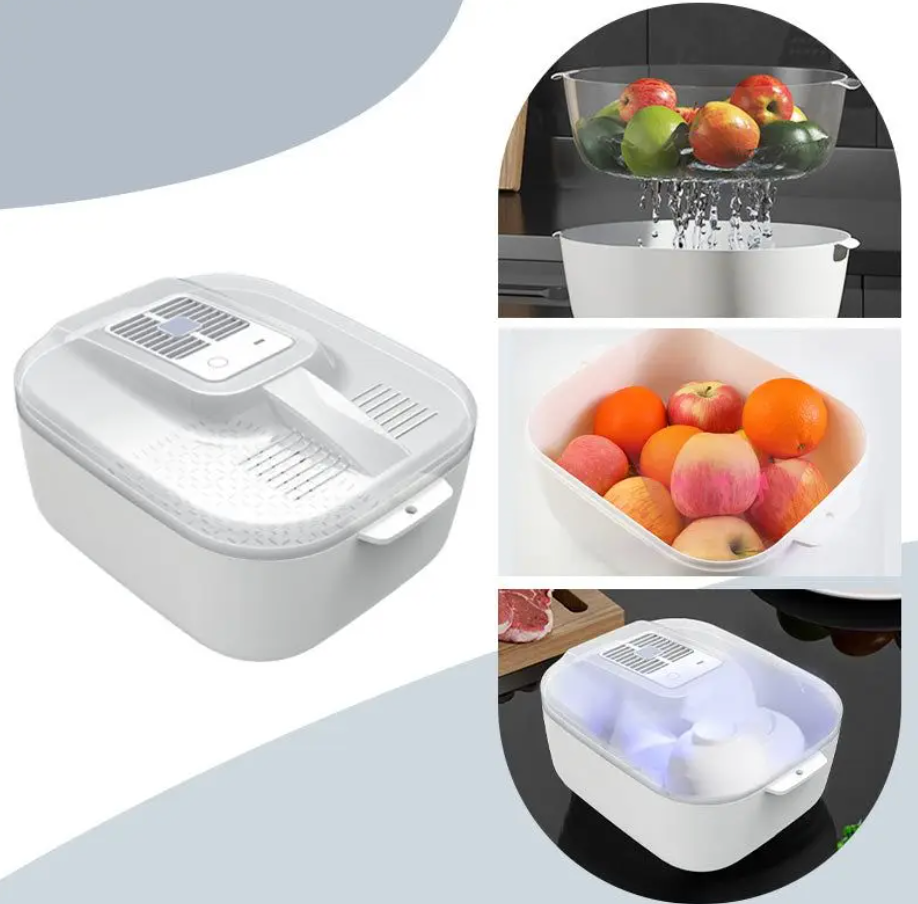 Weißer multifunktionaler Obst- und Gemüsereiniger, Kunststoff, mit Abtropffunktion.