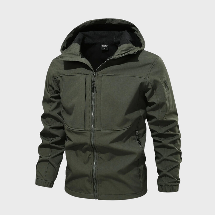 Armeegrüne Herren-Kapuzenjacke, Freizeitstil, Reißverschluss, wetterfest, modisch.