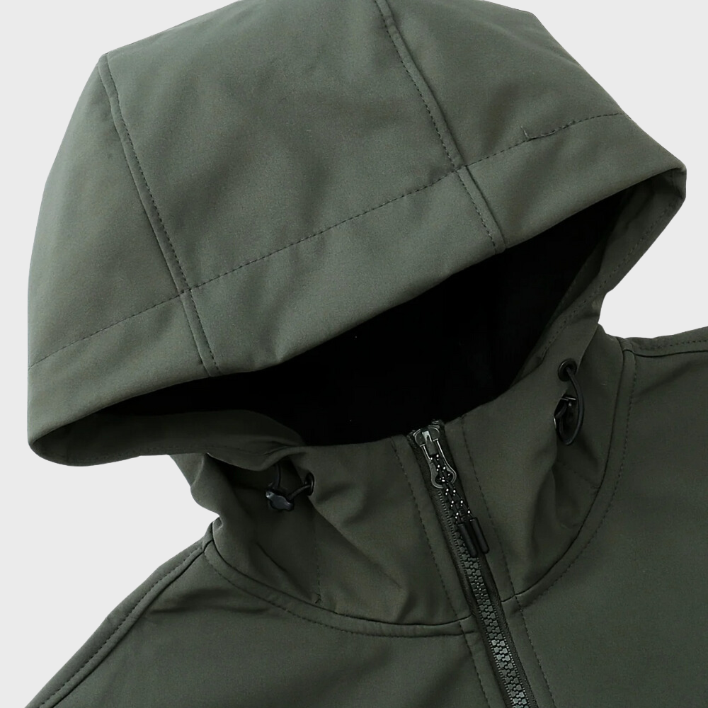 Armeegrüne Herren-Kapuzenjacke, Reißverschluss, Freizeitkleidung, wetterfestes Material.