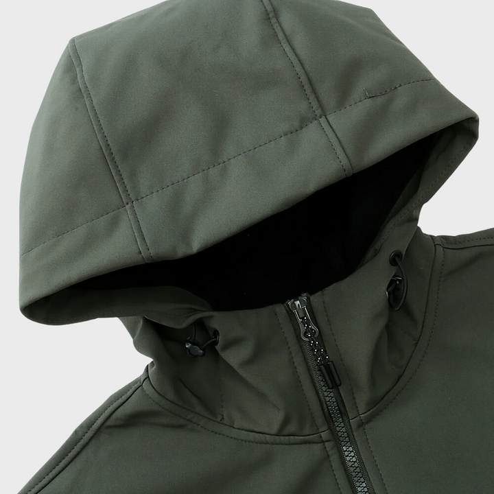 Armeegrüne Herren-Kapuzenjacke, Reißverschluss, Freizeitkleidung, wetterfestes Material.