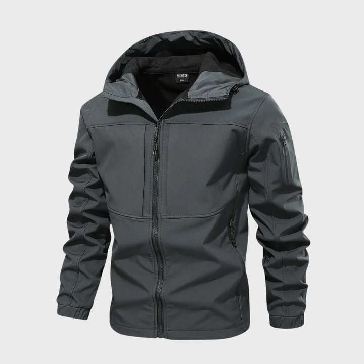 Dunkelblaue Herren-Kapuzenjacke, wasserabweisend, Reißverschluss, Outdoor-Bekleidung.