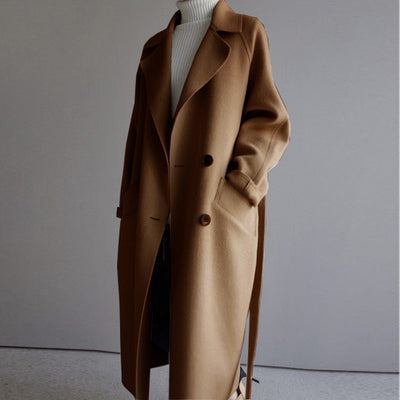 Damen-Wollmantel, braun, lang, Herbst-Winter, lässig, koreanischer Stil, Knöpfe.