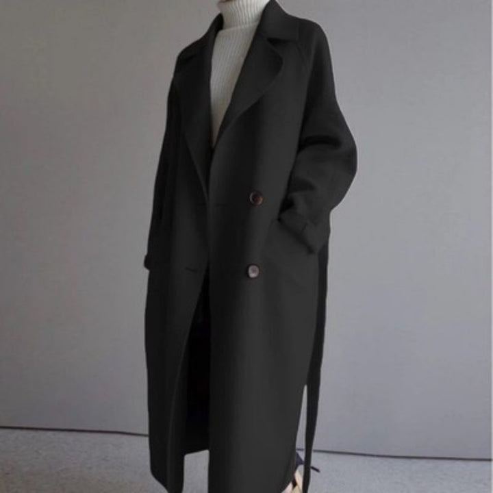 Damen Wollmantel schwarz, lang, Herbst Winter, elegant, Knöpfe, modisch, warm, koreanischer Stil.