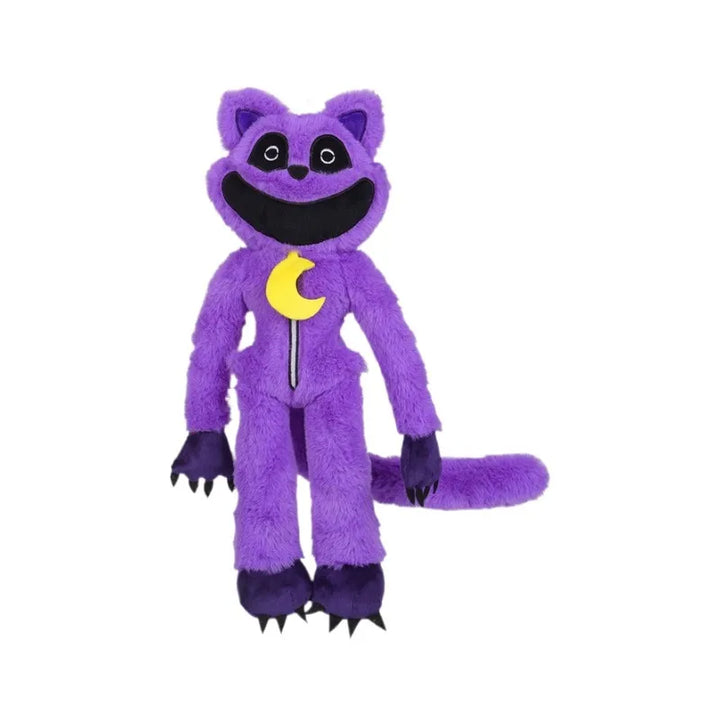 Lila Plüschkatze mit Mondanhänger, weiches Spielzeug, Kinderplüschtier, Geschenkidee.