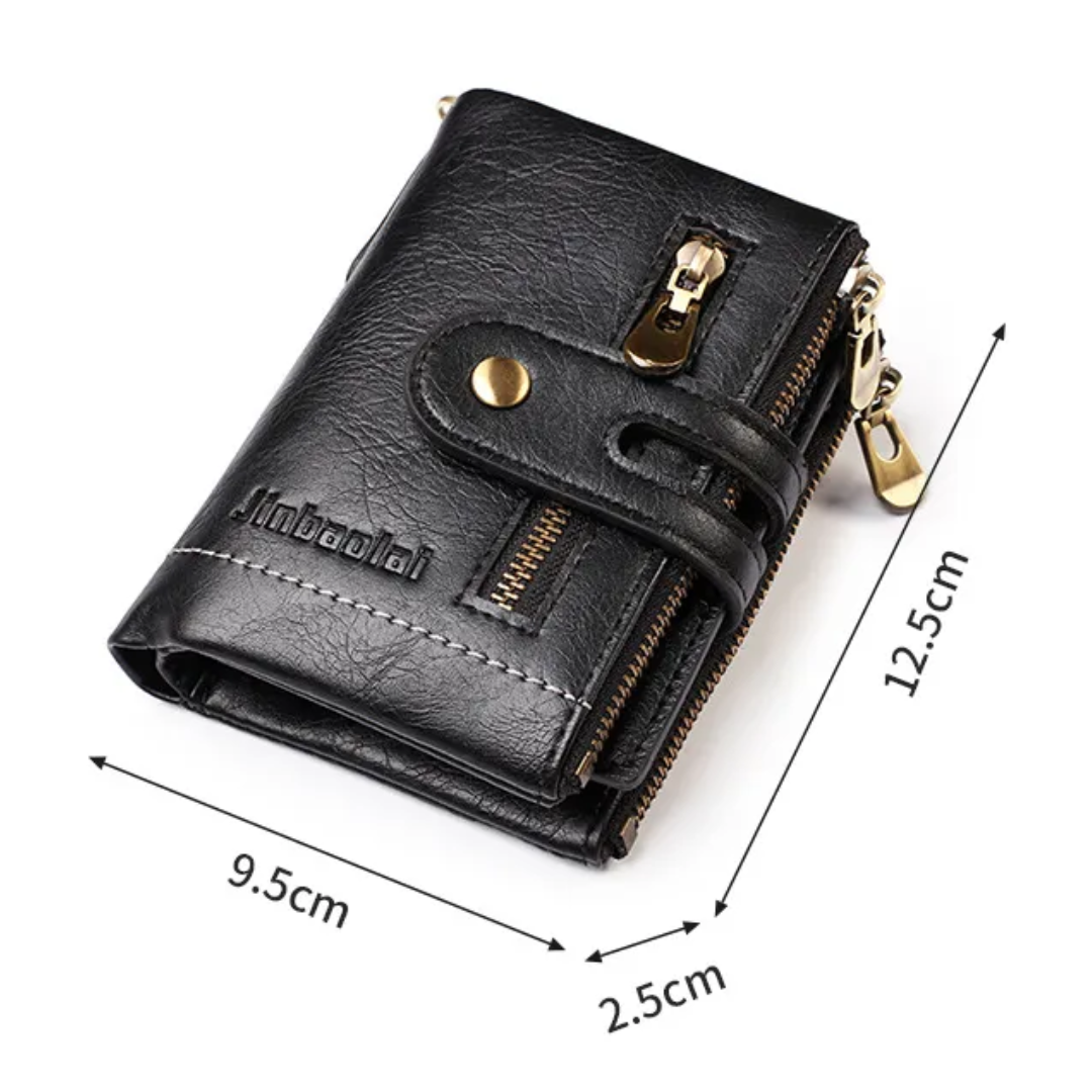 Schwarze Leder-Geldbörse mit Kette, Reißverschluss, 9,5x12,5 cm, Herren Accessoire.