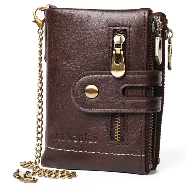 Braune Retro-Leder-Geldbörse mit Kette, Reißverschluss und Druckknopf, Herren-Accessoire.