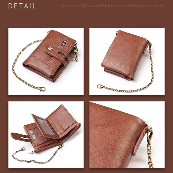 Braune Retro-Leder-Geldbörse mit Kette, Herren-Portemonnaie, Vintage-Design, Reißverschluss.
