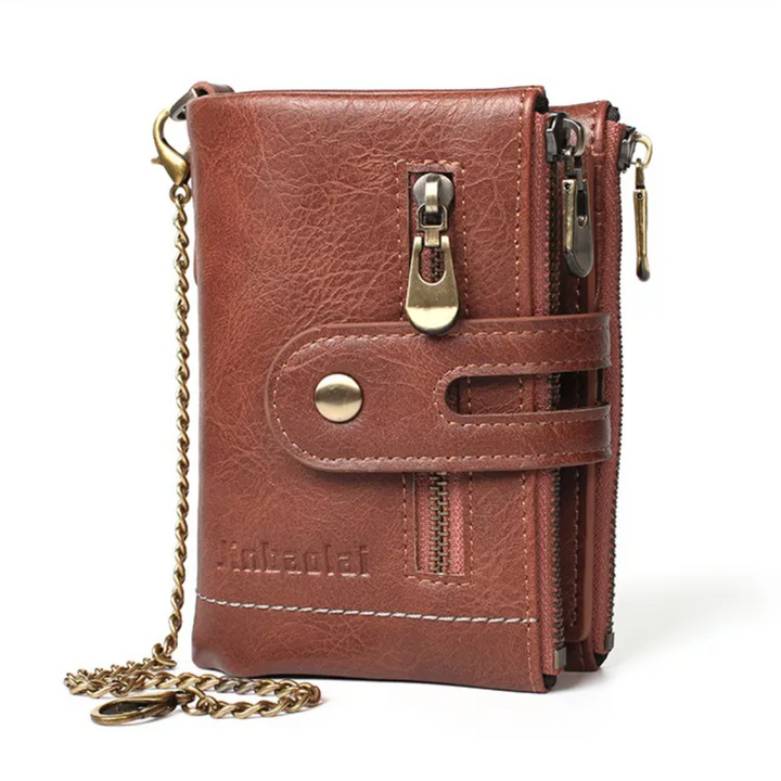 Braune Retro-Leder-Geldbörse mit Kette, Reißverschlüssen und Druckknopfverschluss.