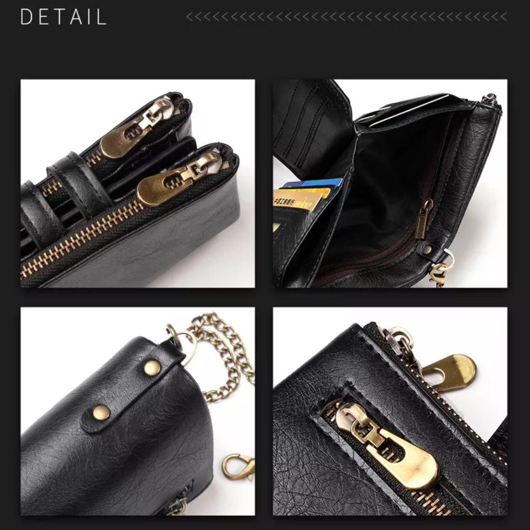 Schwarze Retro-Leder-Geldbörse mit Kette, Reißverschluss, Kartenfächern, Herren-Accessoire.