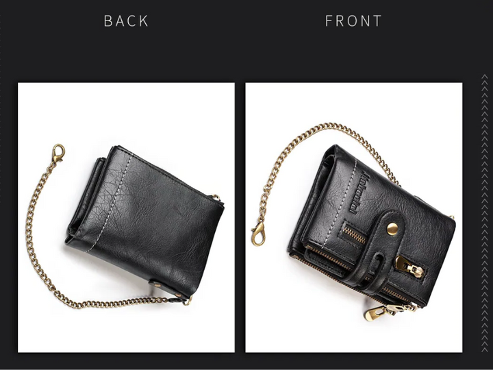 Schwarze Retro-Leder-Geldbörse mit Kette, Reißverschlüssen und Schnallen, Vorder- und Rückansicht.