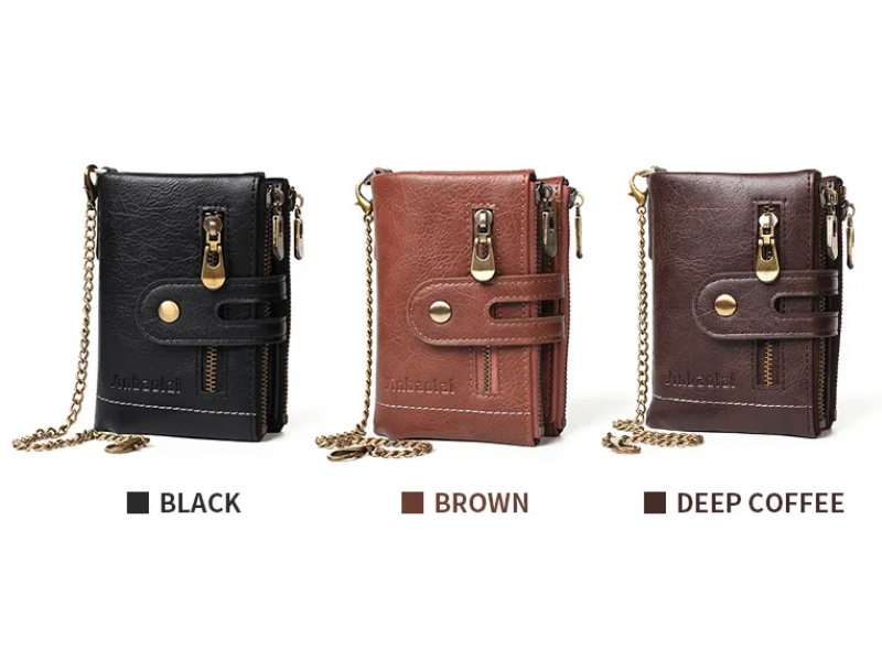 Drei Retro-Leder-Geldbörsen mit Kette in Schwarz, Braun und Dunkelkaffee, Reißverschluss.