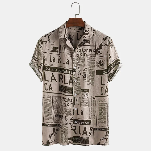 Herrenhemd mit Zeitungsdruck, 65% Baumwolle, kurzärmelig, Streetwear, beige.